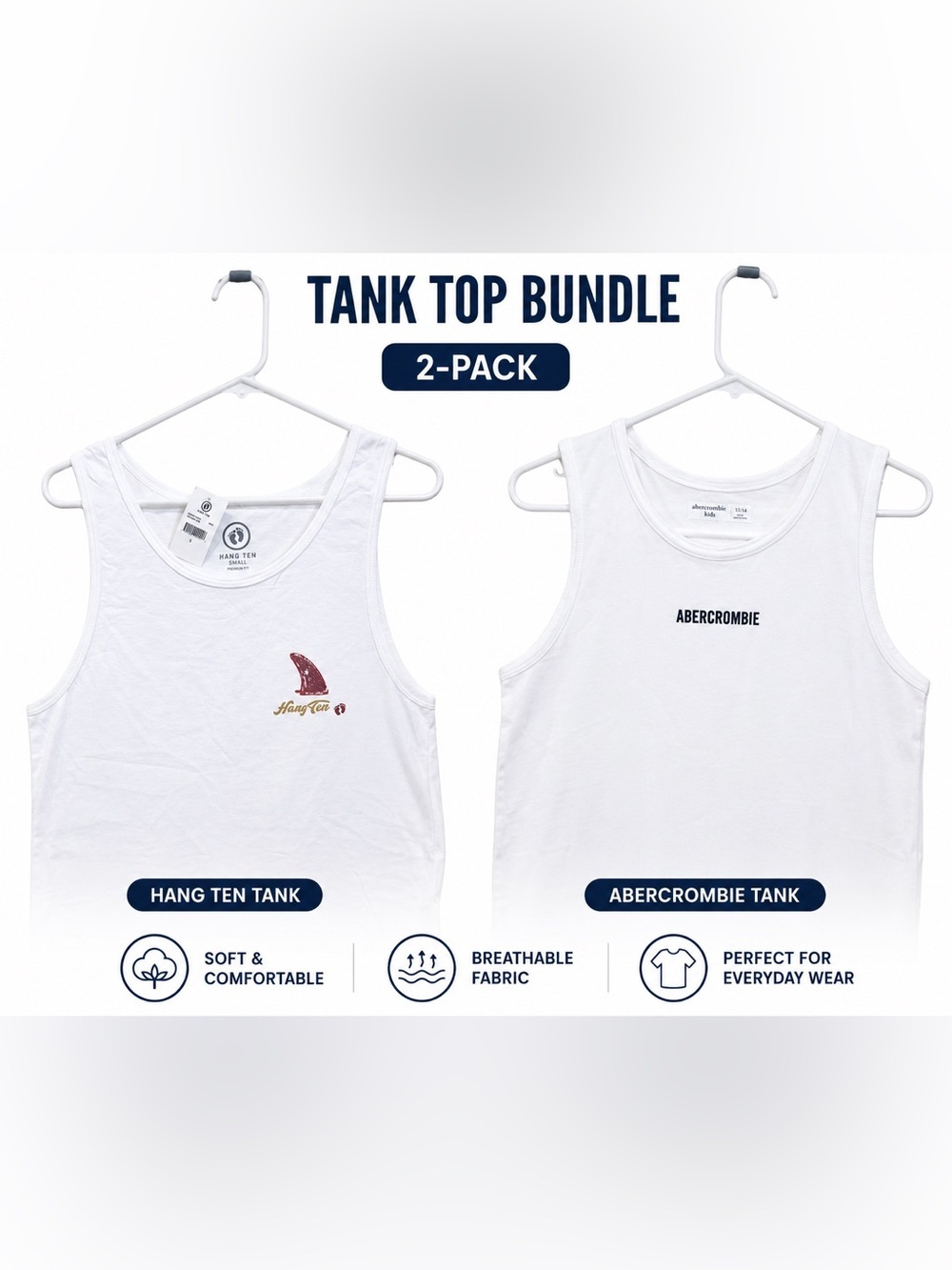 Lot of 2 Boys White Tank Tops Abercrombie Kids Size 13/14 & Hang Ten Small NWT